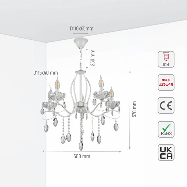 Size and specs of Tabitha Mediterranean Elegant Transitional Elizabeth Style Crystal Chandelier Ceiling Light E14 | TEKLED 159-17706
