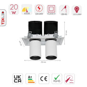 Size and specs of Telescopic Swivel Adjustable In-Out LED Downlight 2X10W Cool White 4000K White | TEKLED 165-03942
