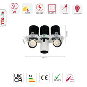 Size and specs of Telescopic Swivel Adjustable In-Out LED Downlight 3X10W Cool White 4000K White | TEKLED 165-03946