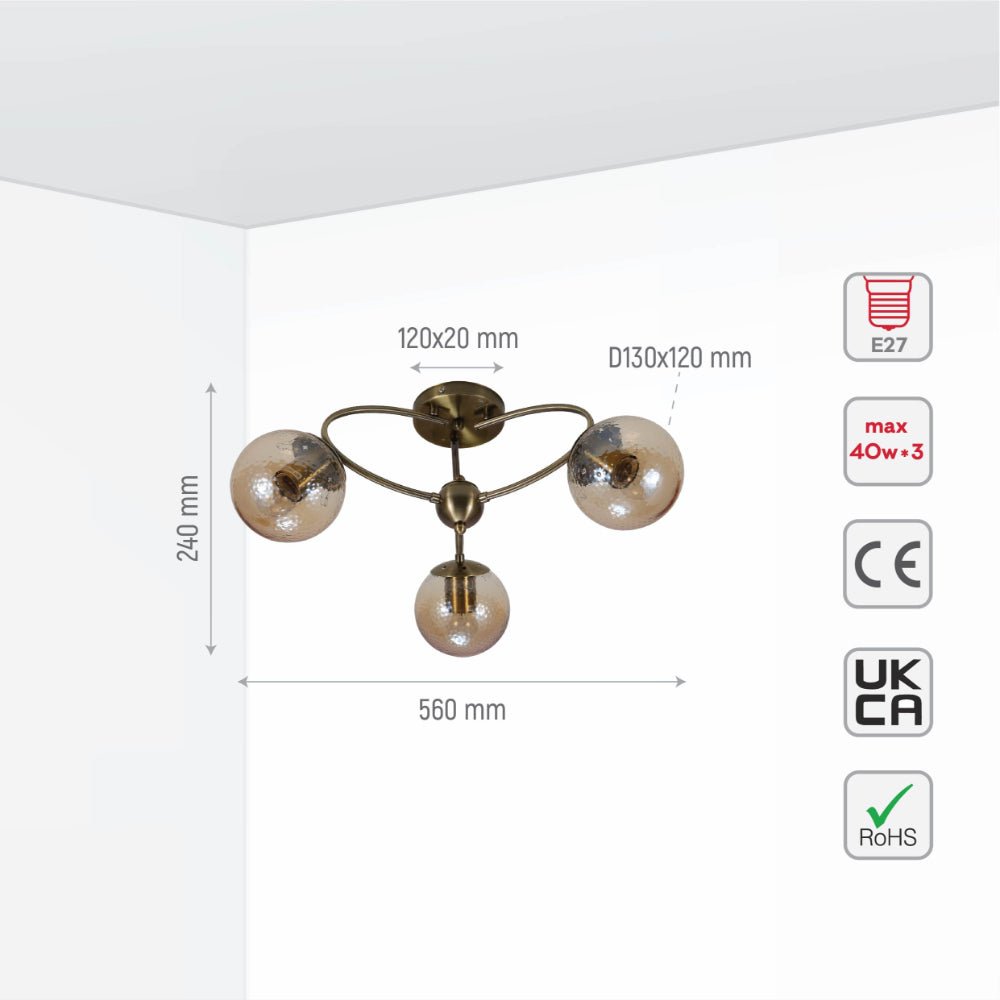 Size and specs of Textured Amber Globe Antique Brass Semi Circle Arm Semi Flush Ceiling Light | TEKLED 159-17756