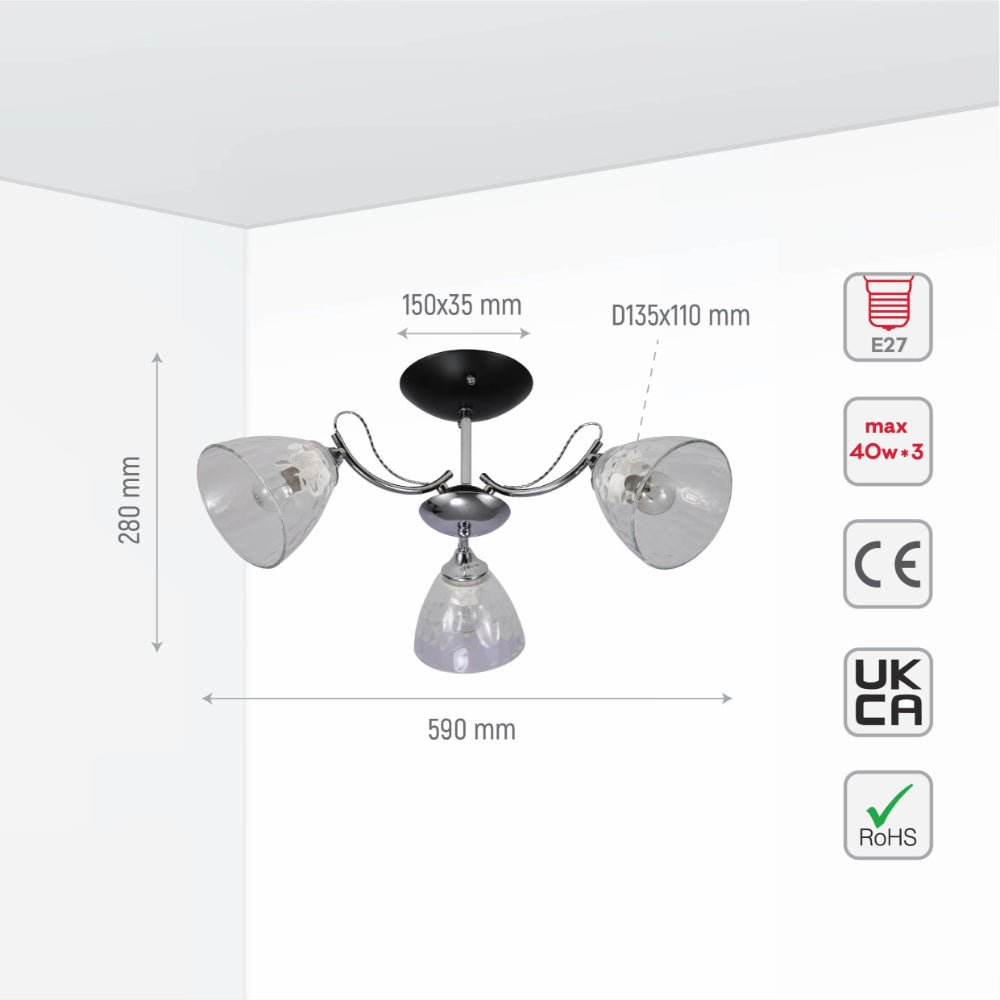 Size and specs of Textured Clear Cone Glass Chrome Semi Flush Ceiling Light | TEKLED 159-17762
