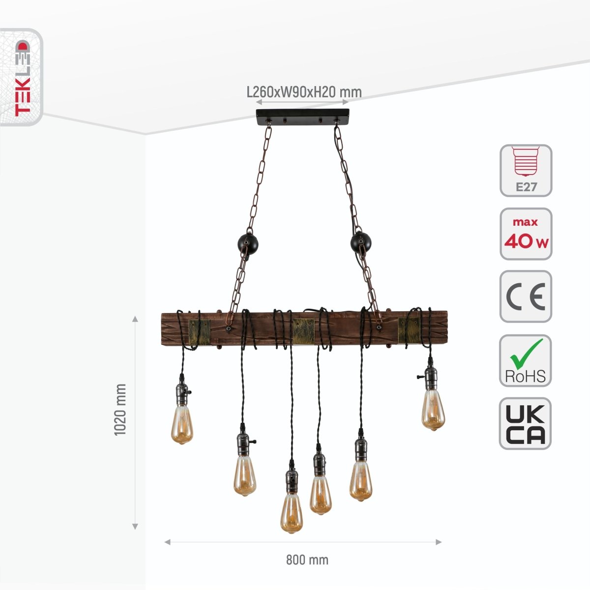Size and specs of Timber Iron and Wood Island Chandelier 6xE27 | TEKLED 159-17856