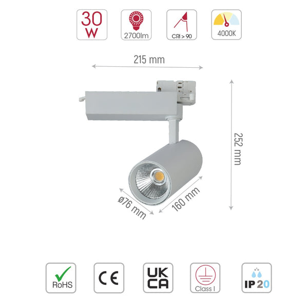 Size and specs of Tracklight 5-wire 3-Line 30W Cool White 4000K White Body | TEKLED 174-039902