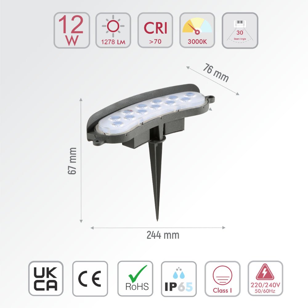 Size and specs of Tree Washer LED Floodlight 12W 3000K Warm White or Green | TEKLED 224-03154