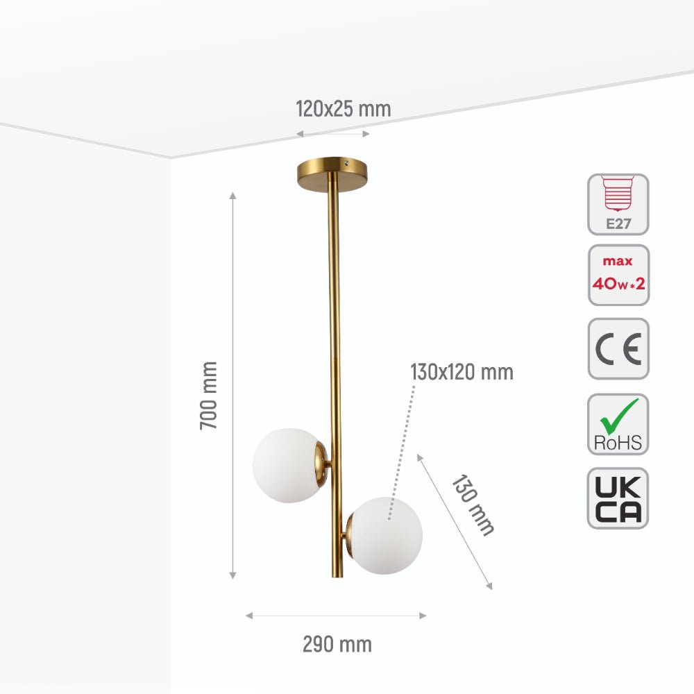 Size and specs of Vertical Opal Globes Gold Metal Body Ceiling light with 2xE27 Fittings | TEKLED 156-19510
