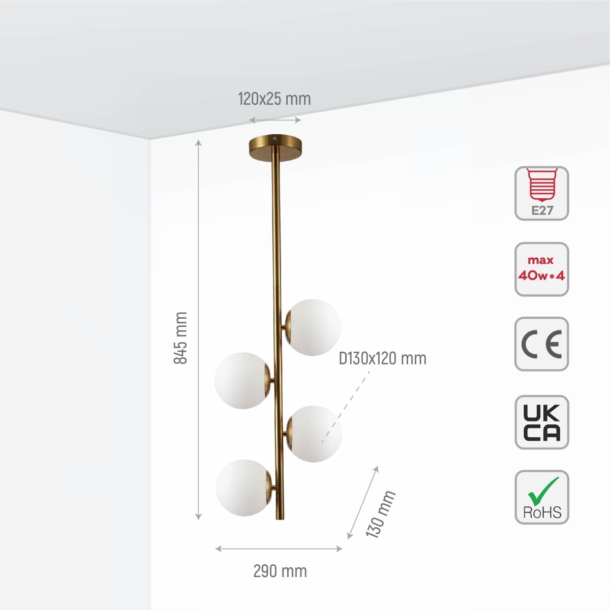 Size and specs of Vertical Opal Globes Gold Metal Body Ceiling light with 4xE27 Fittings | TEKLED 156-19512