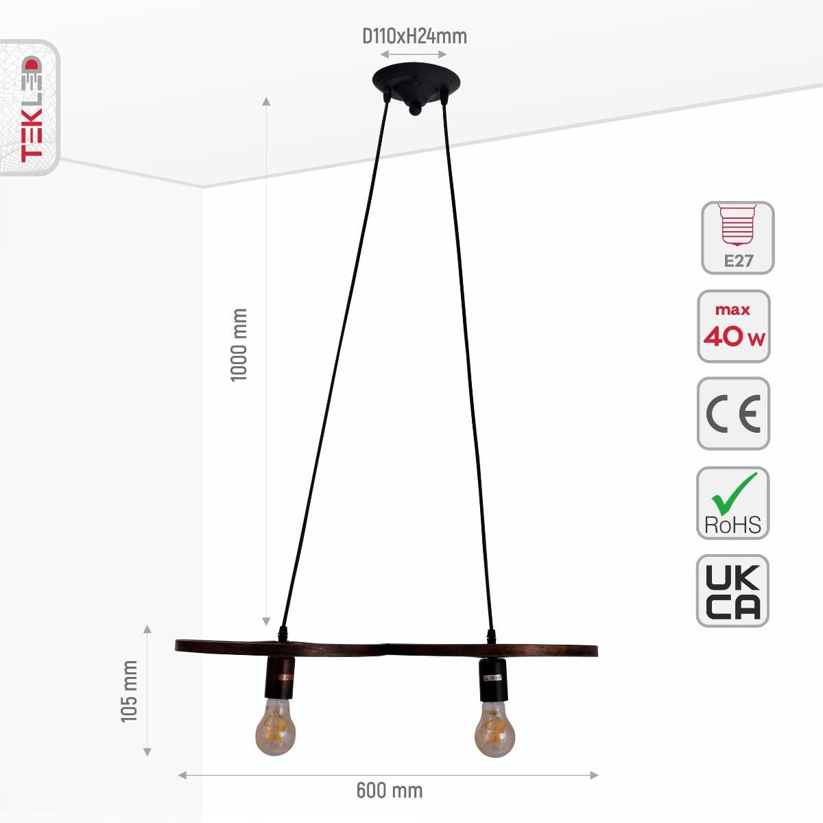 Size and specs of Vintage Industrial Wagon Wheel Pendant Light with 2xE27 Fitting | TEKLED 158-17890
