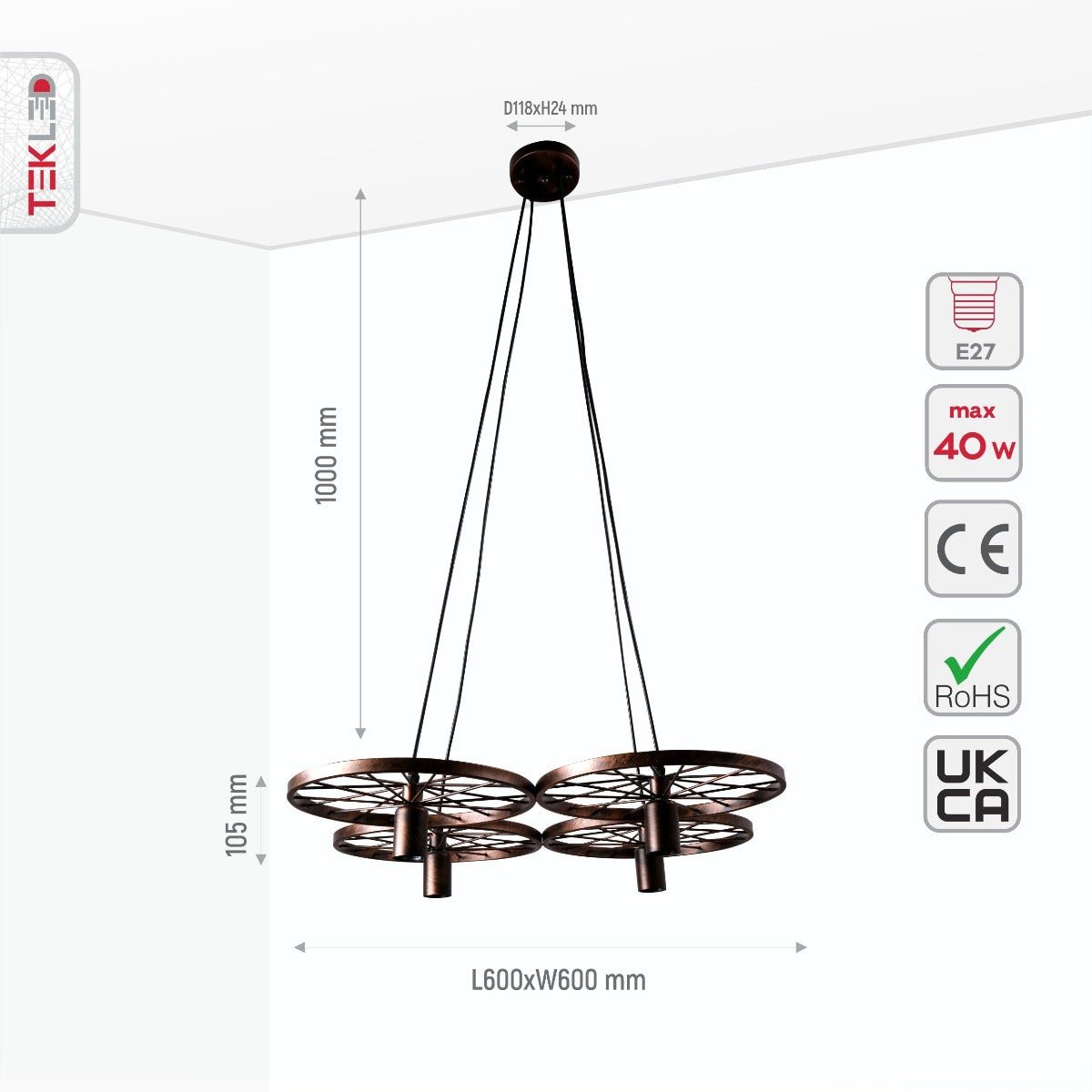 Size and specs of Vintage Industrial Wagon Wheel Pendant Light with 4xE27 Fitting | TEKLED 158-17894