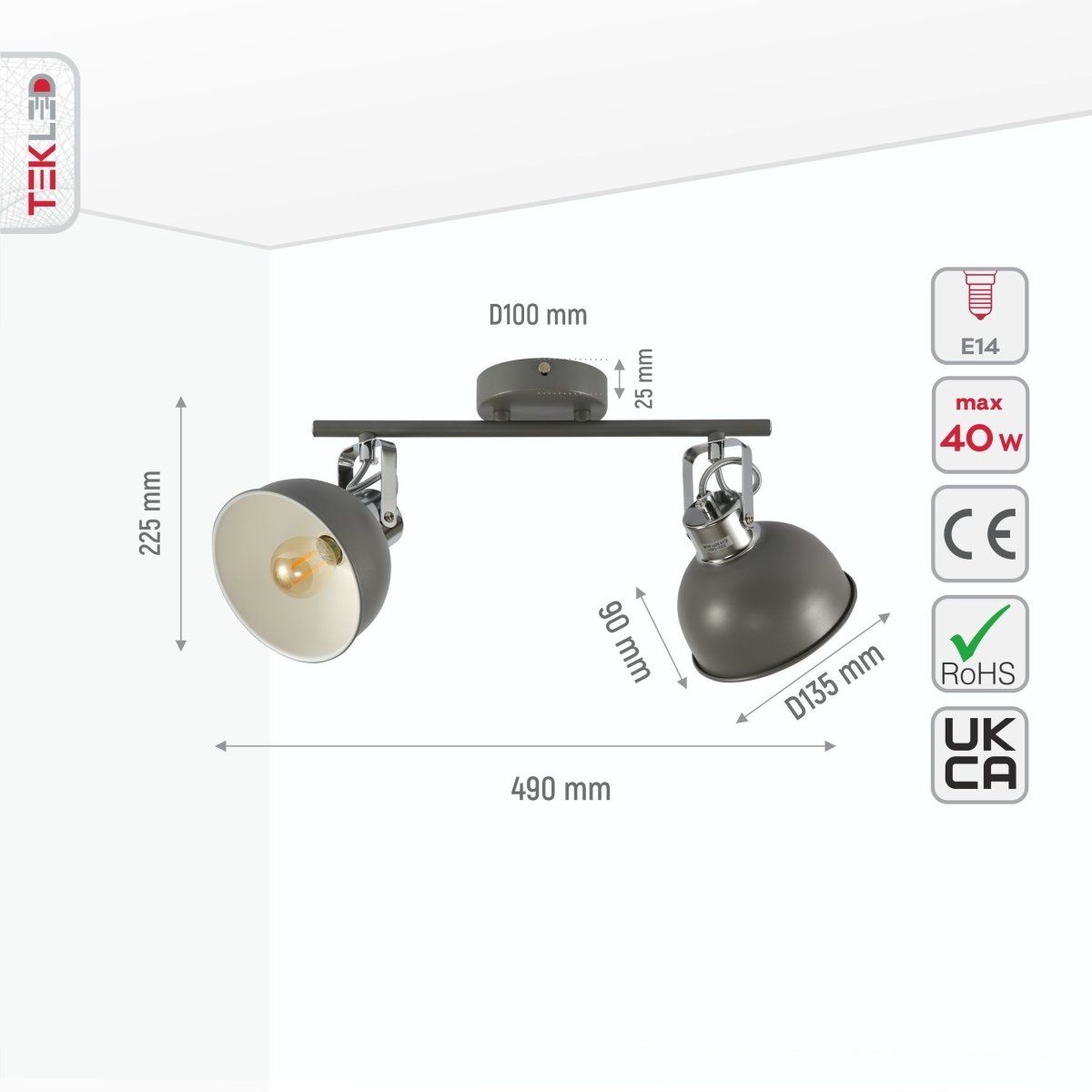 Size and specs of Wall and Ceiling Light Dome Chrome and Grey on Rod and Puck Rose 2xE14 | TEKLED 159-17782