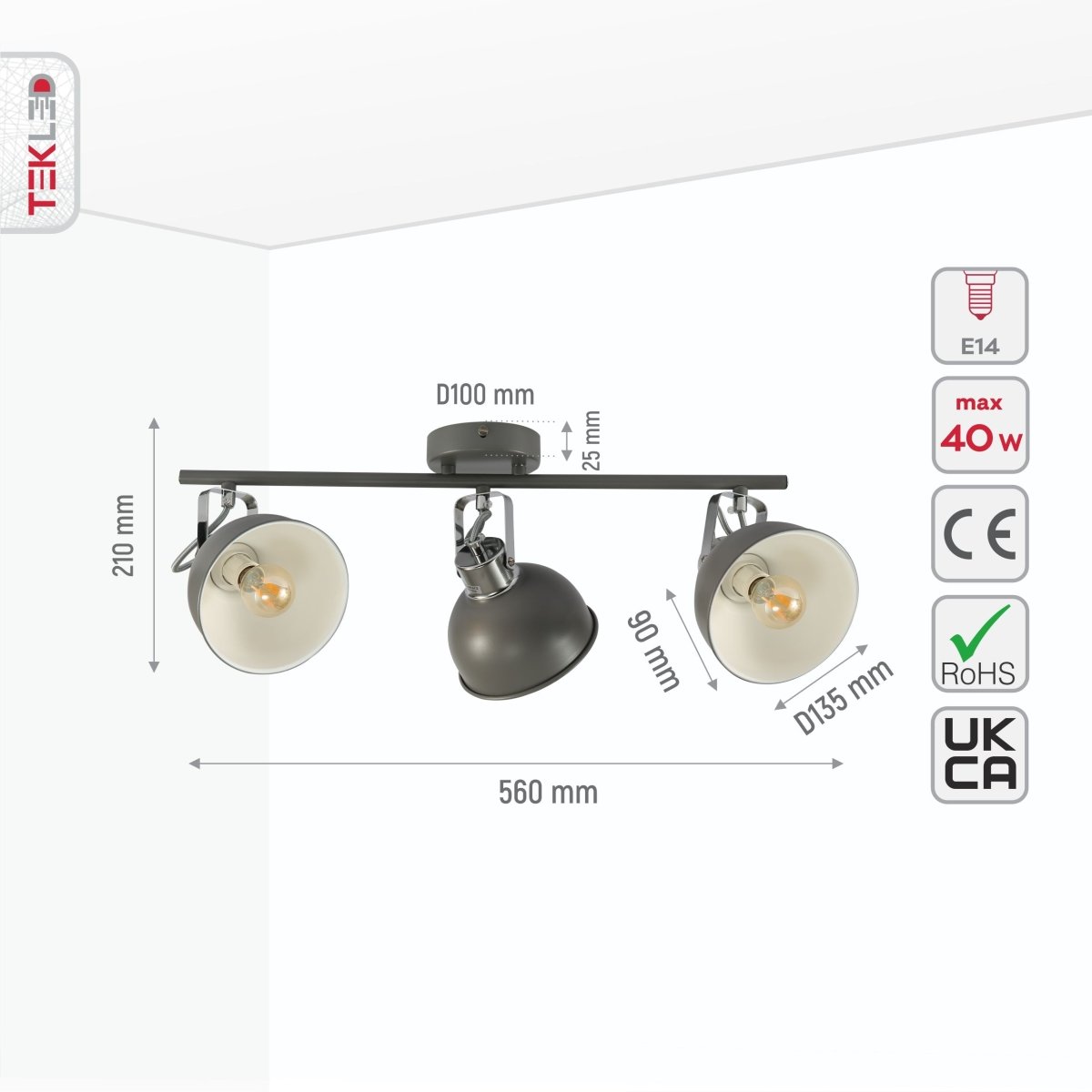 Size and specs of Wall and Ceiling Light Dome Chrome and Grey on Rod and Puck Rose 3xE14 | TEKLED 159-17784