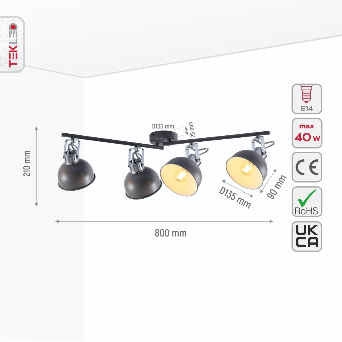 Size and specs of Wall and Ceiling Light Dome Chrome and Grey on Rod and Puck Rose 4xE14 | TEKLED 159-17786