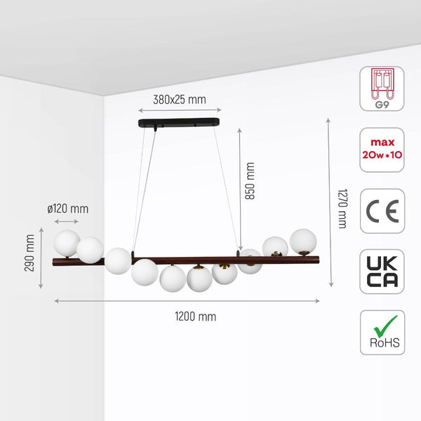 Size and specs of Walnut Wood Finish Metal Body Opal Glass Globes Kitchen Island Chandelier Ceiling Light with 10xG9 Fitting | TEKLED 158-19696