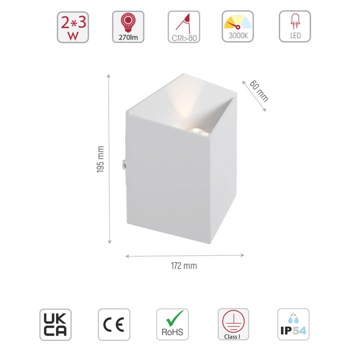 Size and specs of White Cuboid Up Down Outdoor Modern LED Wall Light | TEKLED 182-03384