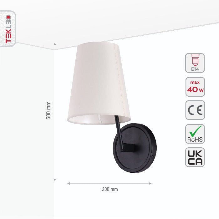 Size and specs of White Fabric Black Metal Body Wall Light with E14 Fitting | TEKLED 151-19746