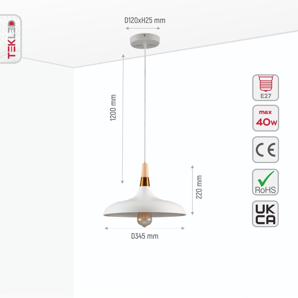 Size and specs of White Flat Dome Wood Gold Top Metal Ceiling Pendant Light with E27 Fitting | TEKLED 150-18378