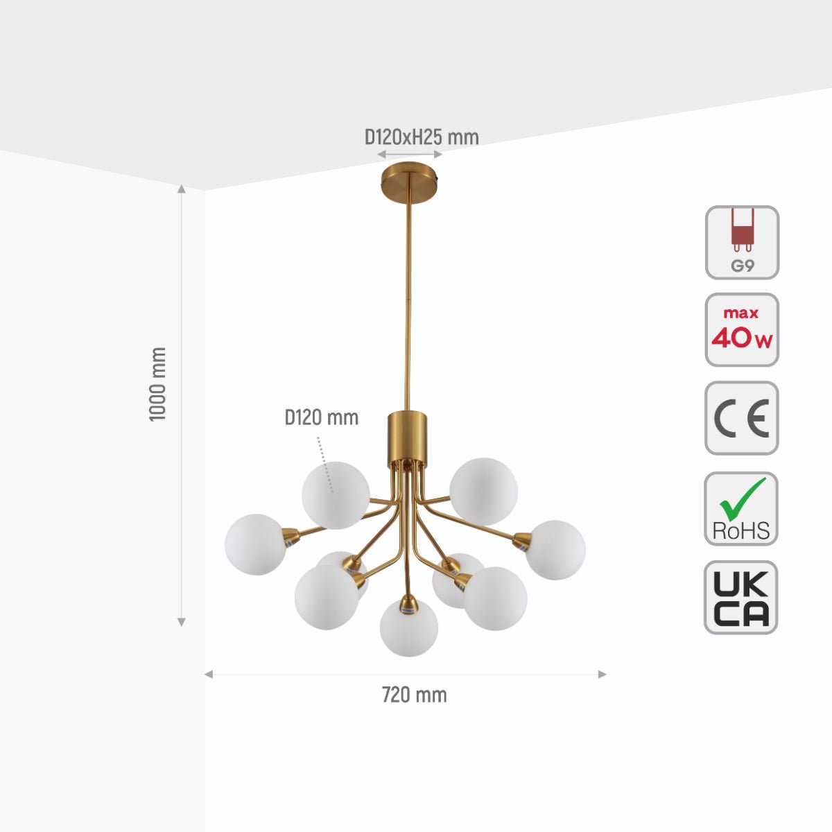 Size and specs of White Globe Glass Gold Arm Body Pendant Chandelier Ceiling Light with 9xG9 | TEKLED 159-17552