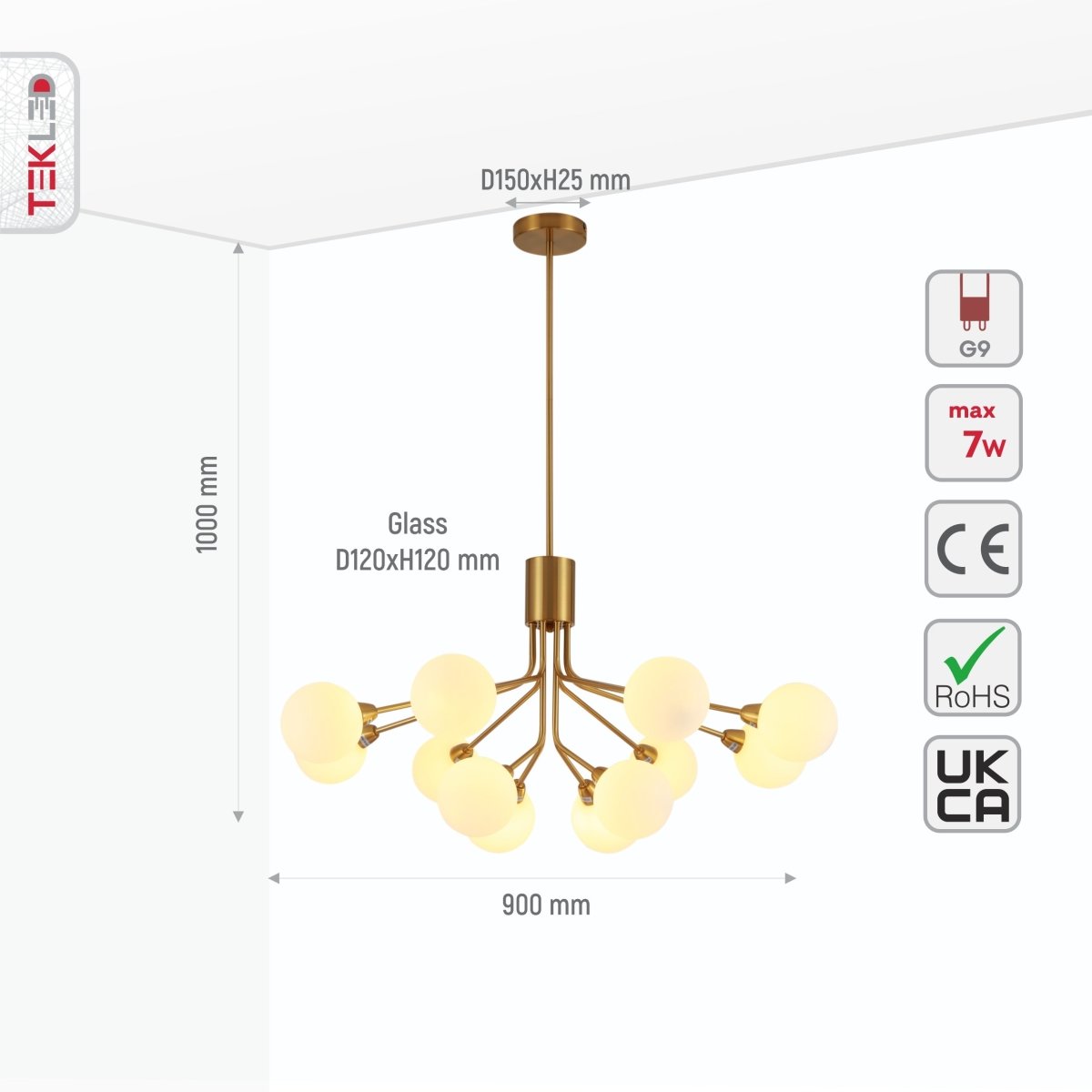 Size and specs of White Globe Glass Gold Arm Body Pendant Chandelier Light with 12xG9 Fitting | TEKLED 159-17554