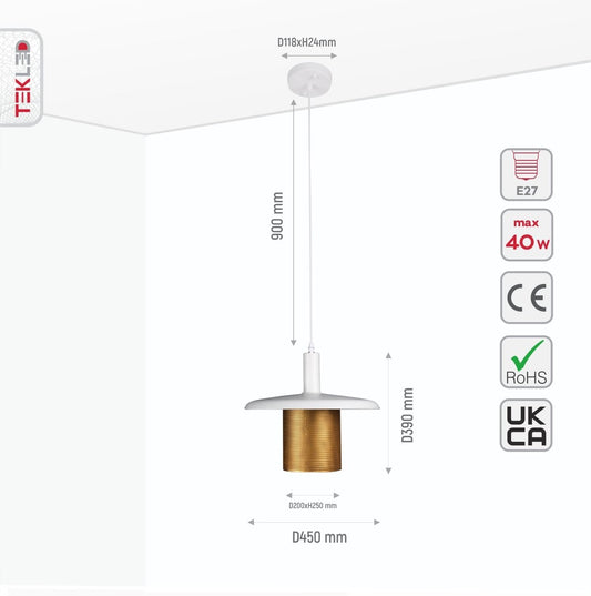 Size and specs of White-Golden Metal Caged Flat Pendant Light Large with E27 Fitting | TEKLED 150-18278