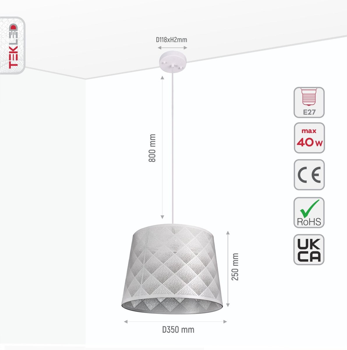 Size and specs of White Metal Frustum Checkered Pendant Light with E27 Fitting | TEKLED 150-18342