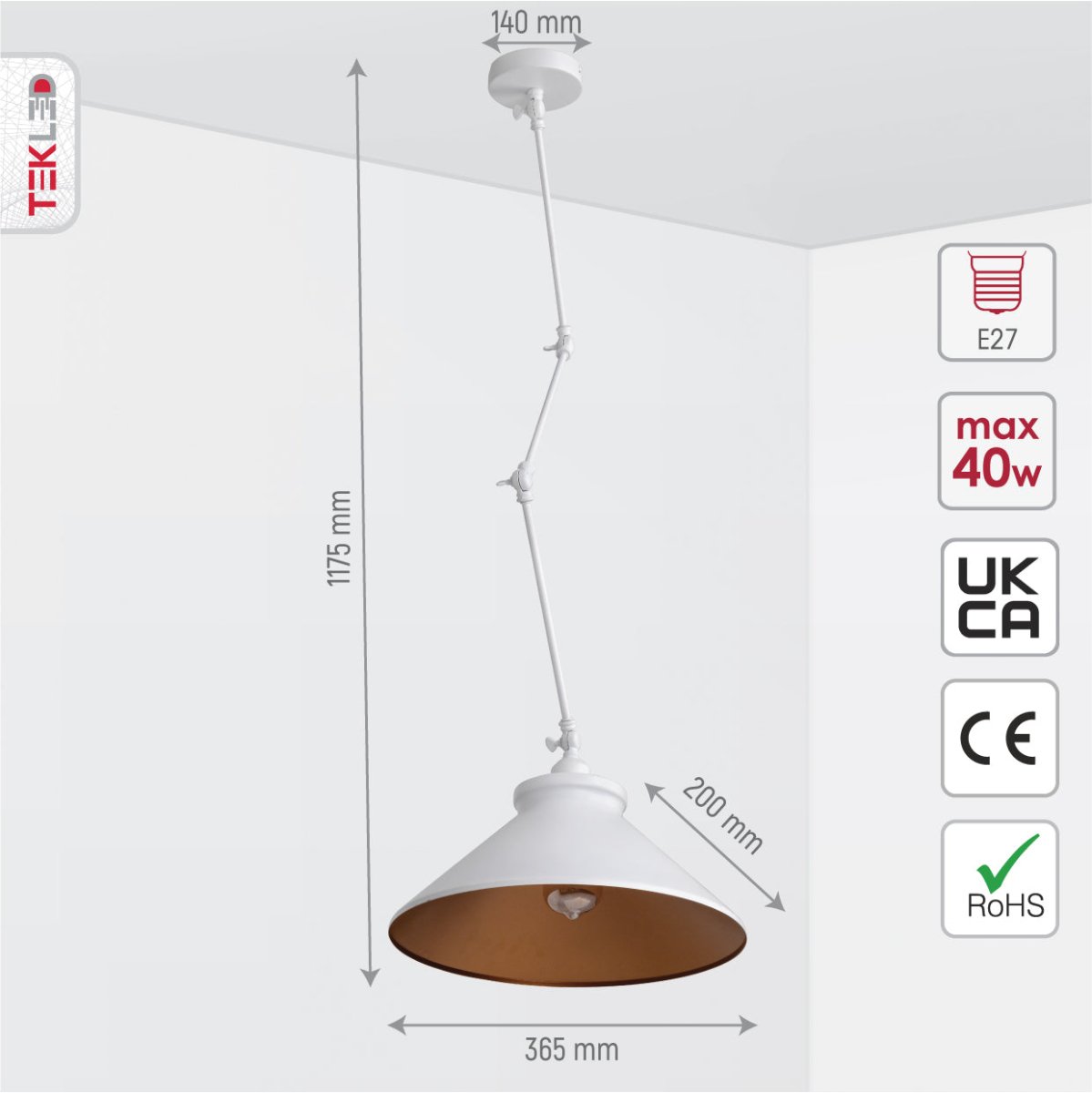 Size and specs of White Metal Hinged Funnel Ceiling Light with E27 Fitting | TEKLED 159-17042