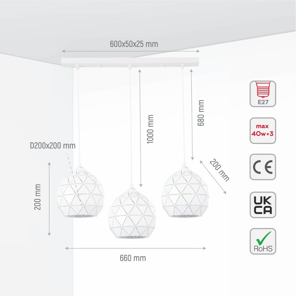 Size and specs of White Metal Laser Cut Dome Kitchen Island Pendant Ceiling Light Small with 3xE27 Fittings | TEKLED 158-19720