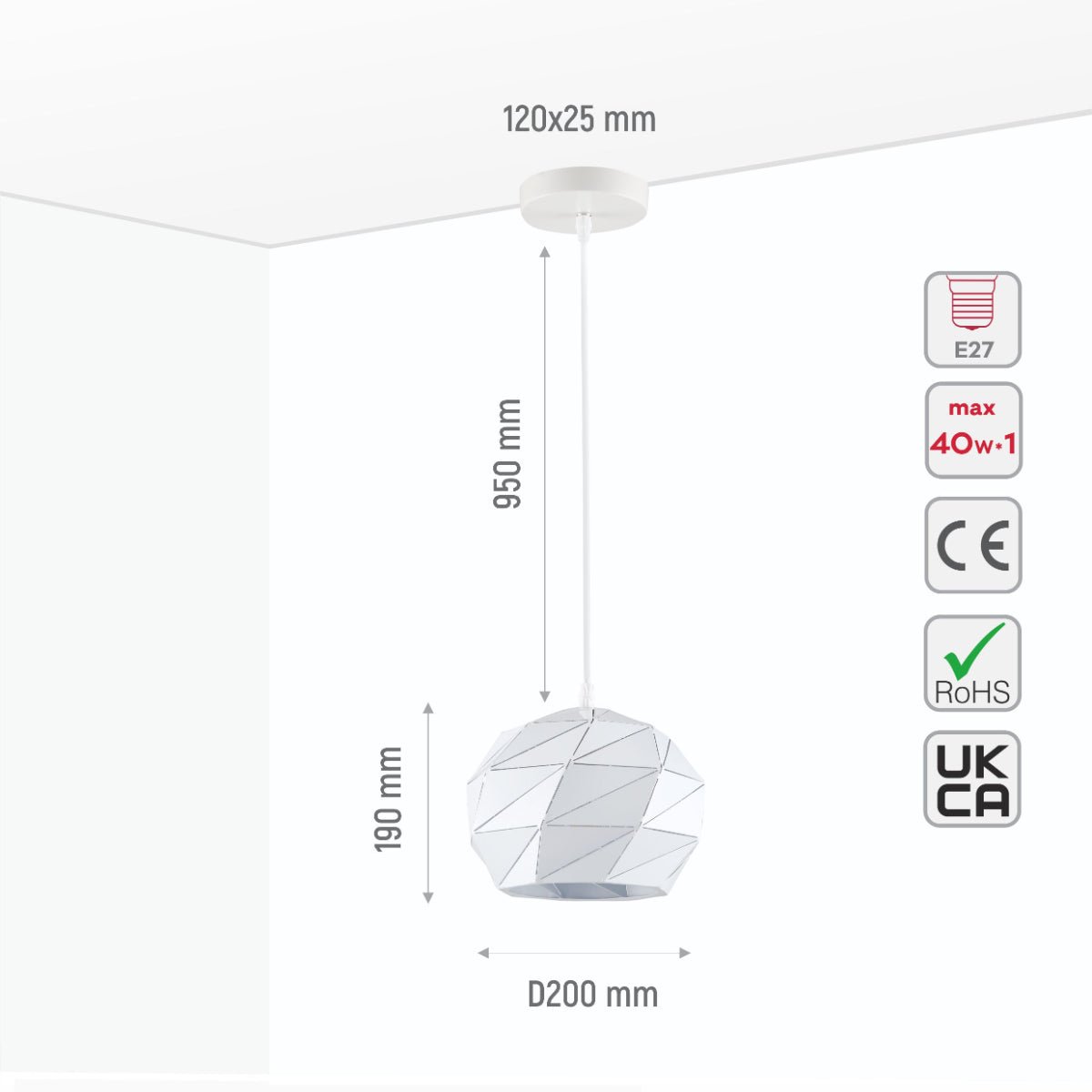 Size and specs of White Metal Laser Cut Globe Pendant Ceiling Light Small with E27 | TEKLED 150-18152