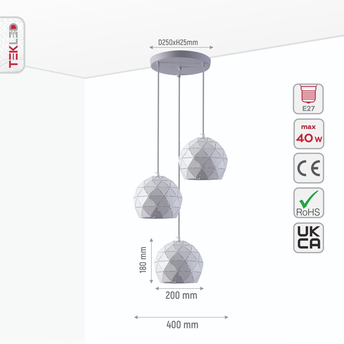 Size and specs of White Metal Laser Cut Globe Pendant Light with 3xE27 Fitting | TEKLED 150-18258