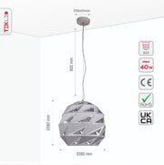 Size and specs of White Metal Laser Cut Globe Pendant Light Jumbo with E27 Fitting | TEKLED 150-18272