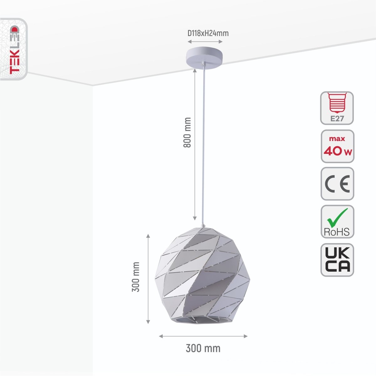 Size and specs of White Metal Laser Cut Globe Pendant Light Large with E27 Fitting | TEKLED 150-18262