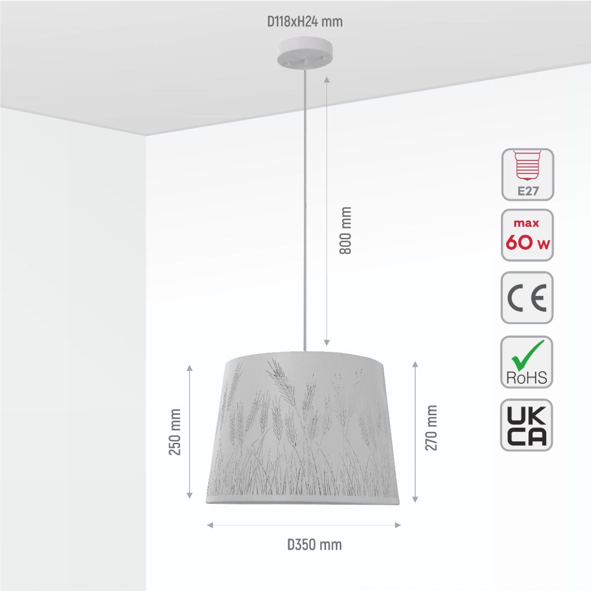 Size and specs of White Metal Spike Frustum Pendant Ceiling Light with E27 | TEKLED 150-18085
