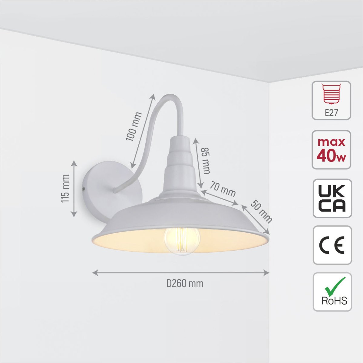 Size and specs of White Swan Step Metal Industrial Retro Wall Light with E27 Fitting | TEKLED 151-19610
