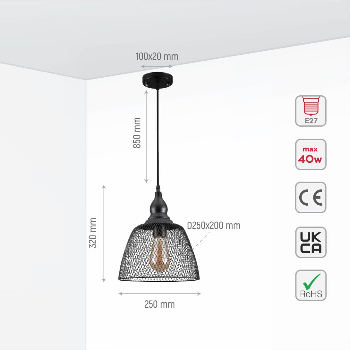 Size and specs of Wire Mesh Industrial Dome Pendant Ceiling Light with E27 | TEKLED 159-17754