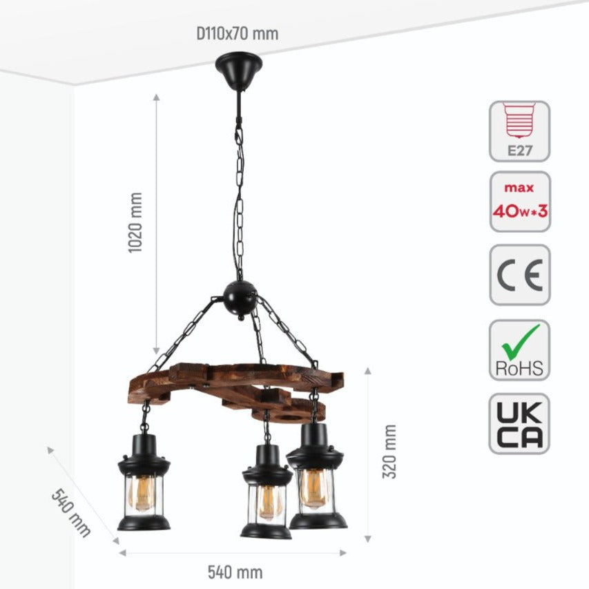 Size and specs of Wood Anchor Marine Lamp Nautical Ceiling Light with 3xE27 Fittings | TEKLED 158-17674