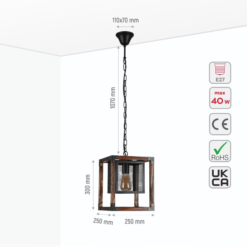 Size and specs of Wood Cube Black Cage Lantern Rustic Pendant Ceiling Light with E27 Fitting | TEKLED 156-19528