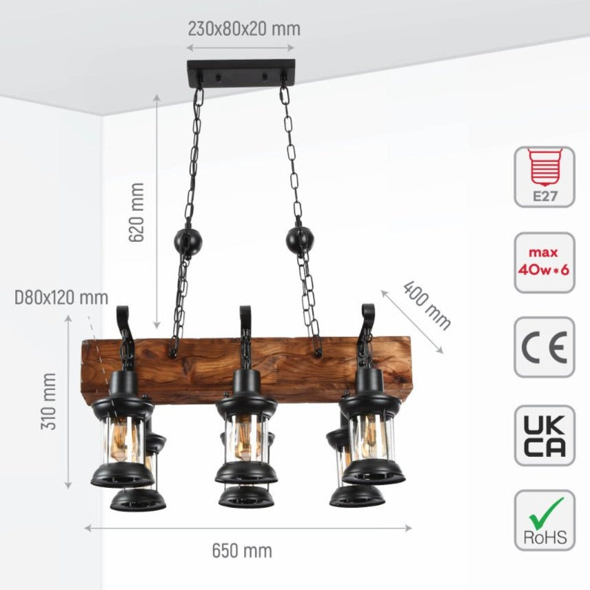 Size and specs of Wood Marine Nautical Kitchen Island Chandelier Ceiling Light with 6xE27 Fittings | TEKLED 158-17679