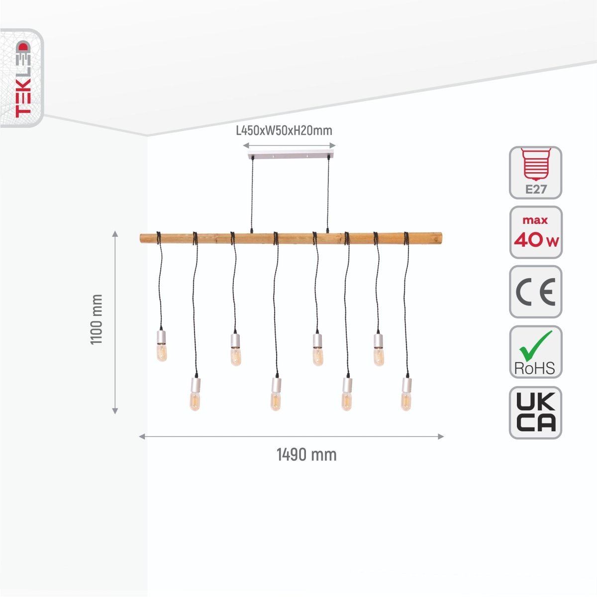 Size and specs of Wood Rod Multi Pendant Island Chandelier with 8xE27 Fittings | TEKLED 159-17504