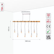 Size and specs of Wood Rod Multi Pendant Island Chandelier with 8xE27 Fittings | TEKLED 159-17504