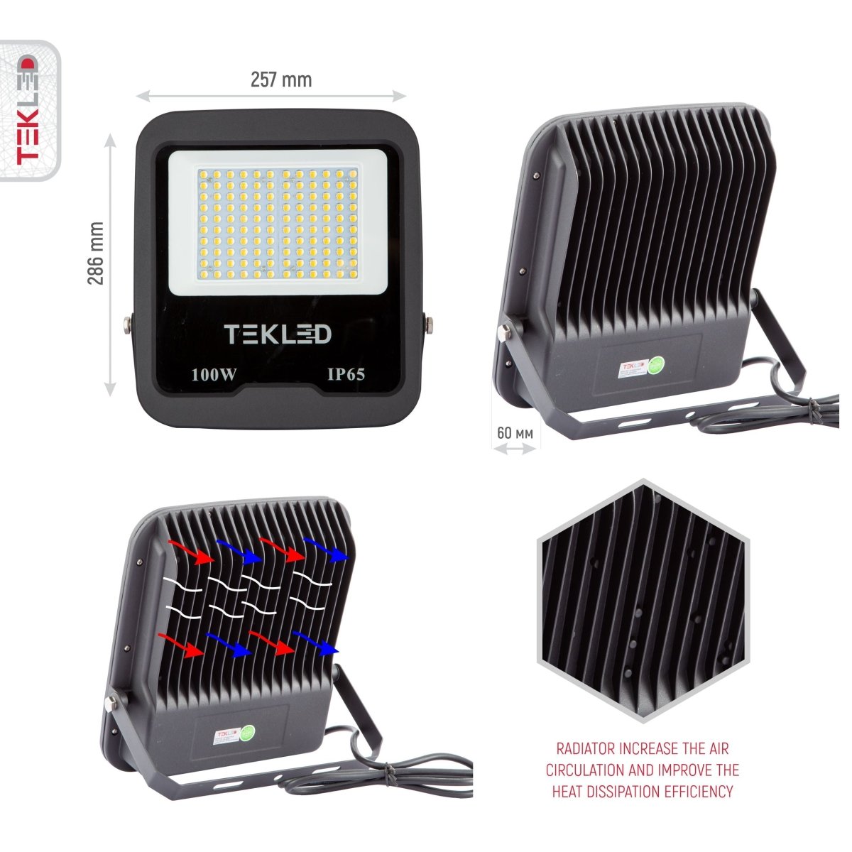 Measuremnets and closeup images for LED Floodlight SMD 3030 Uk 100W Cool White 4000K IP65