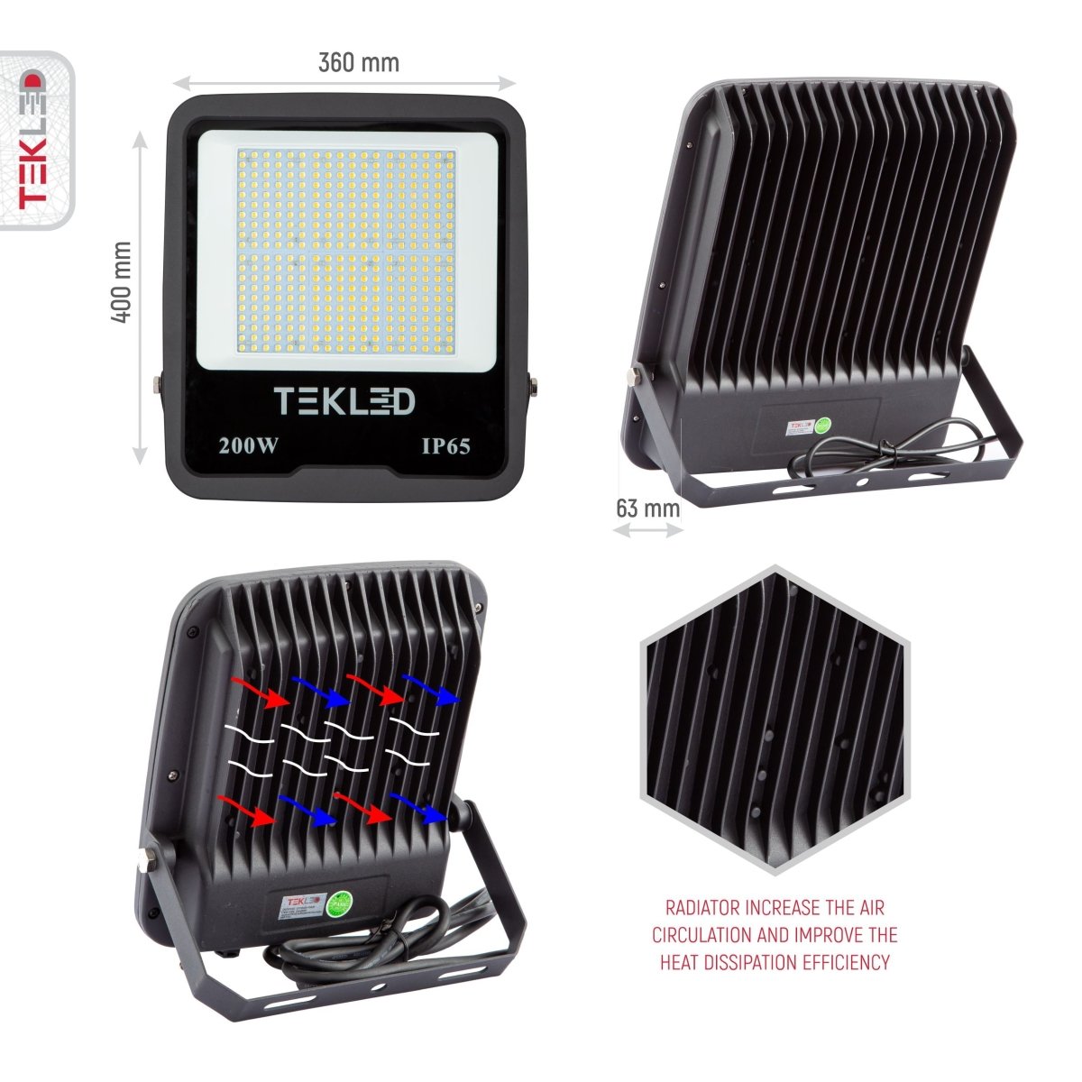 Measuremnets and closeup images for LED Floodlight SMD 3030 Uk 200W Cool White 4000K IP65