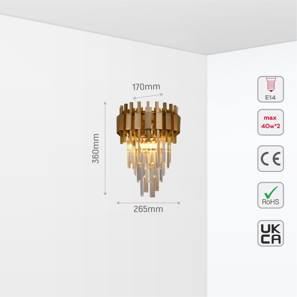Size and tech specs of Metropolitan Square Beam Design 3 Tiered Crystal Wall Sconce Light | TEKLED 151-19916