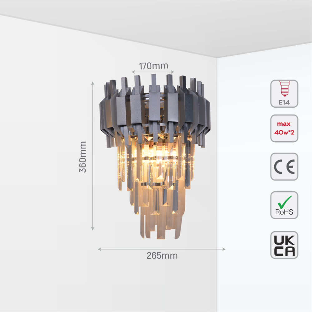 Size and tech specs of Metropolitan Square Beam Design 3 Tiered Crystal Wall Sconce Light | TEKLED 151-19934