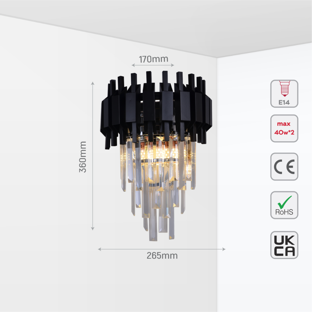 Size and tech specs of Metropolitan Square Beam Design 3 Tiered Crystal Wall Sconce Light | TEKLED 151-19936