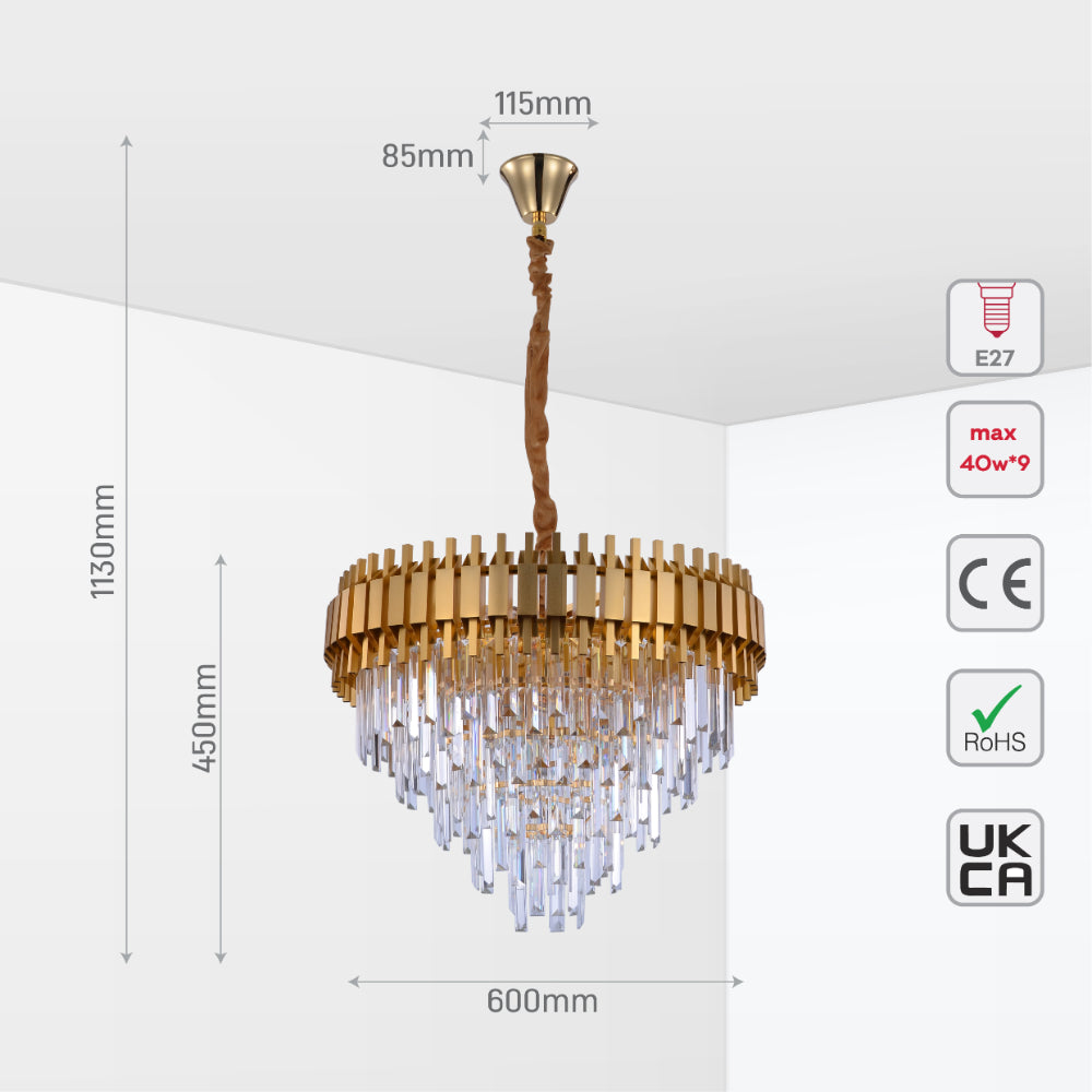 Size and tech specs of Metropolitan Square Beam Design Tiered Crystal Modern Chandelier Ceiling Light | TEKLED 159-17900