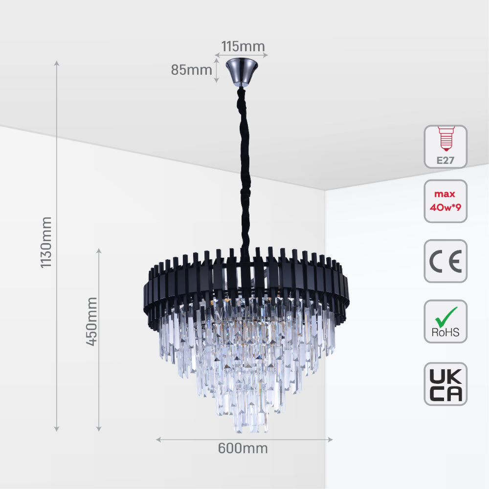 Size and tech specs of Metropolitan Square Beam Design Tiered Crystal Modern Chandelier Ceiling Light | TEKLED 159-18040