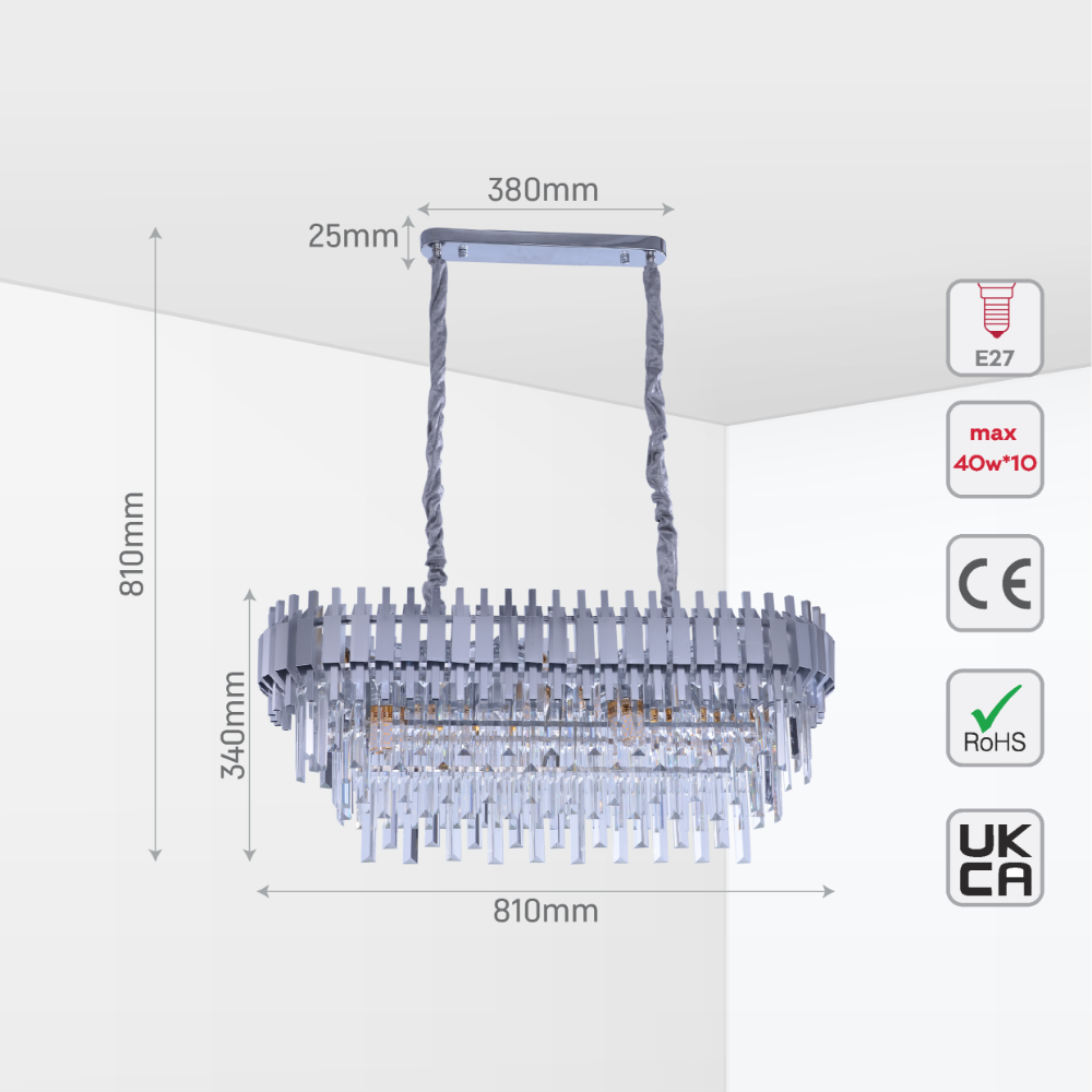 Size and tech specs of Metropolitan Square Beam Design Tiered Crystal Modern Chandelier Ceiling Light | TEKLED 159-18046