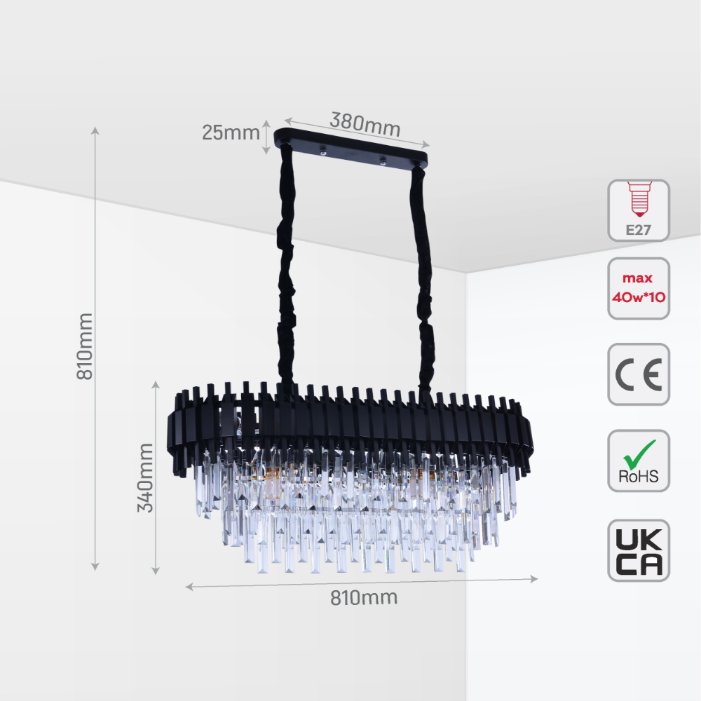Size and tech specs of Metropolitan Square Beam Design Tiered Crystal Modern Chandelier Ceiling Light | TEKLED 159-18048