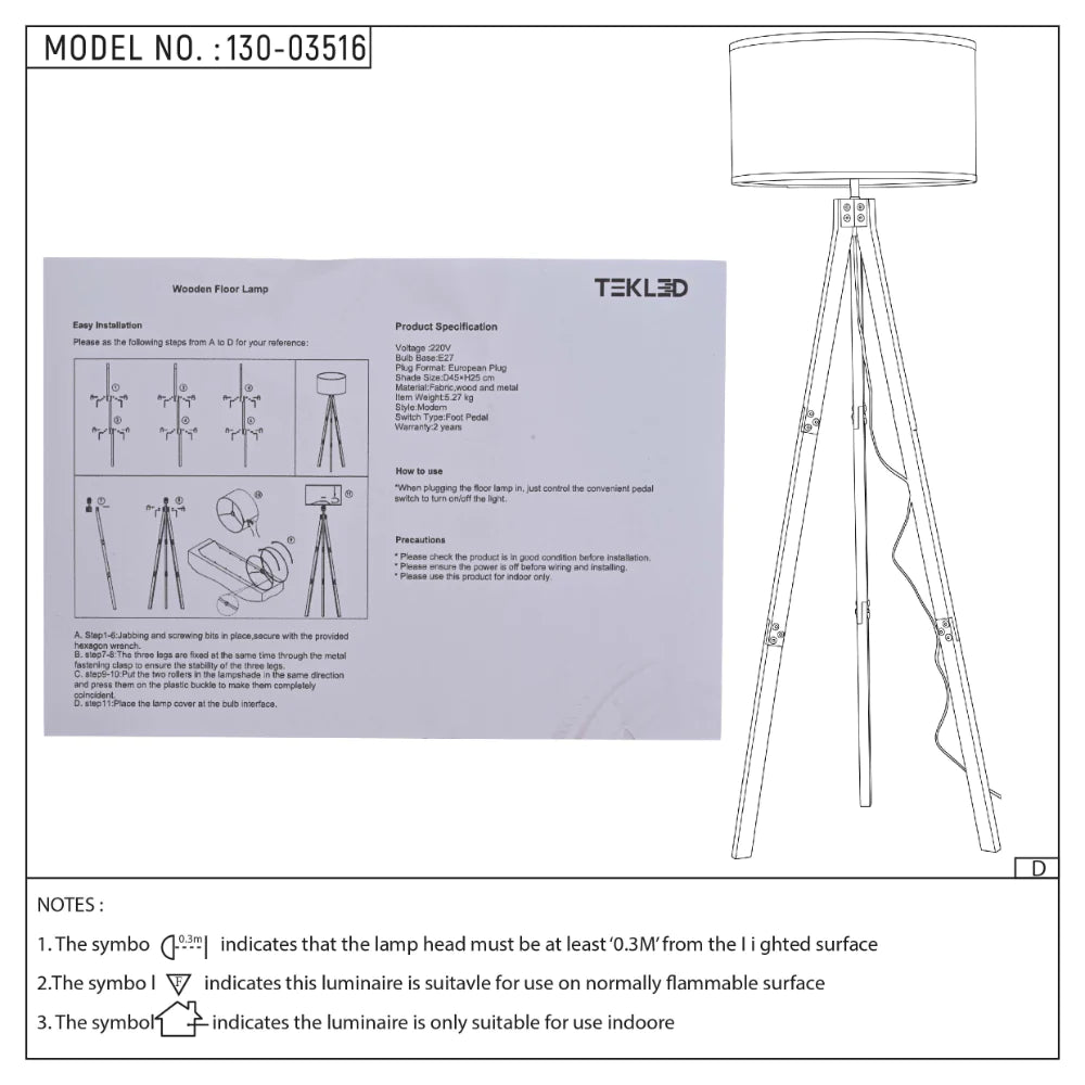 User manual for Mid-century Wooden Tripod Vintage Floor Lamp Dark Brown Flaxen | TEKLED 130-03516
