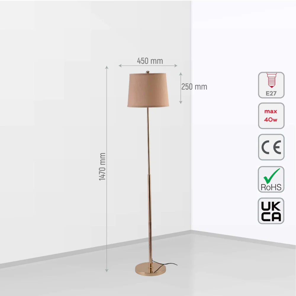 Size and tech specs of Minimalist Floor Lamp Rose Gold Flaxen | TEKLED 130-03518