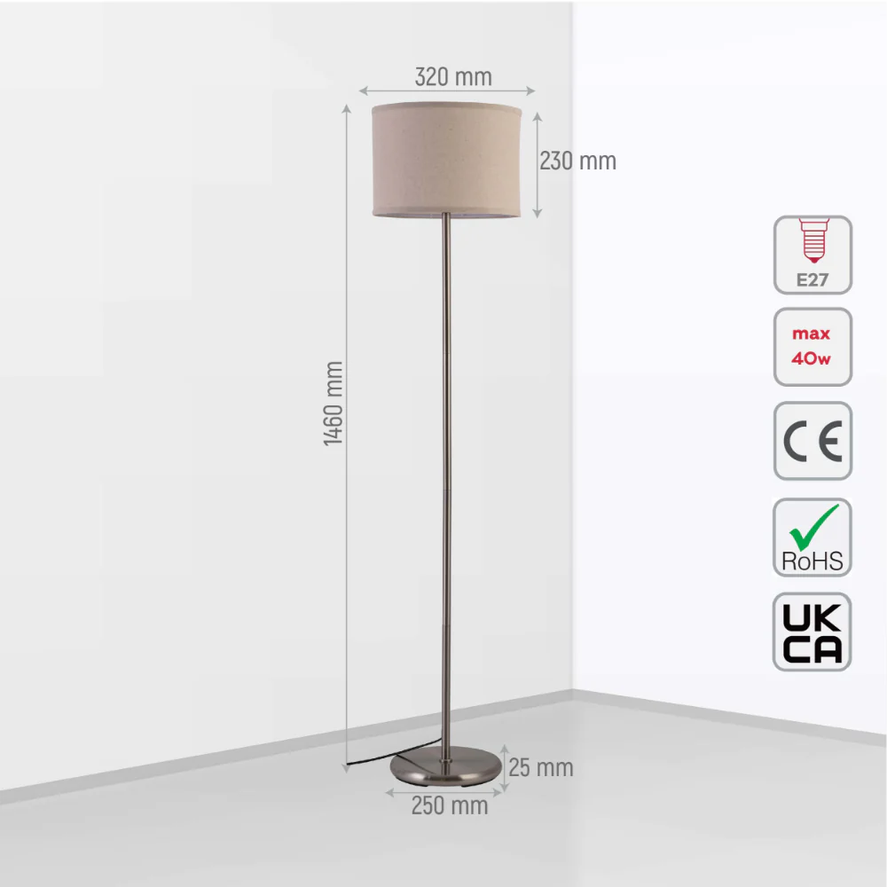 Size and tech specs of Minmalist Floor Lamp Nickel Flaxen | TEKLED 130-03524