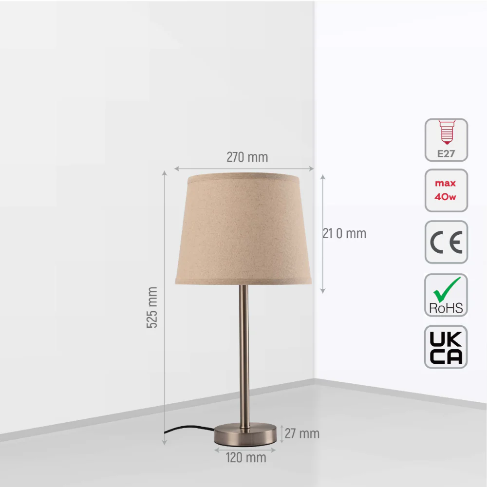 Size and tech specs of Minmalist Table Lamp Nickel Flaxen | TEKLED 130-03638